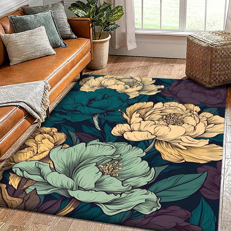 Luxurious Floral Print Non-Slip Area Rug - Soft Polyester, Perfect for Living Room & Bedroom Decor, Large 1.8m², Machine Washabl
