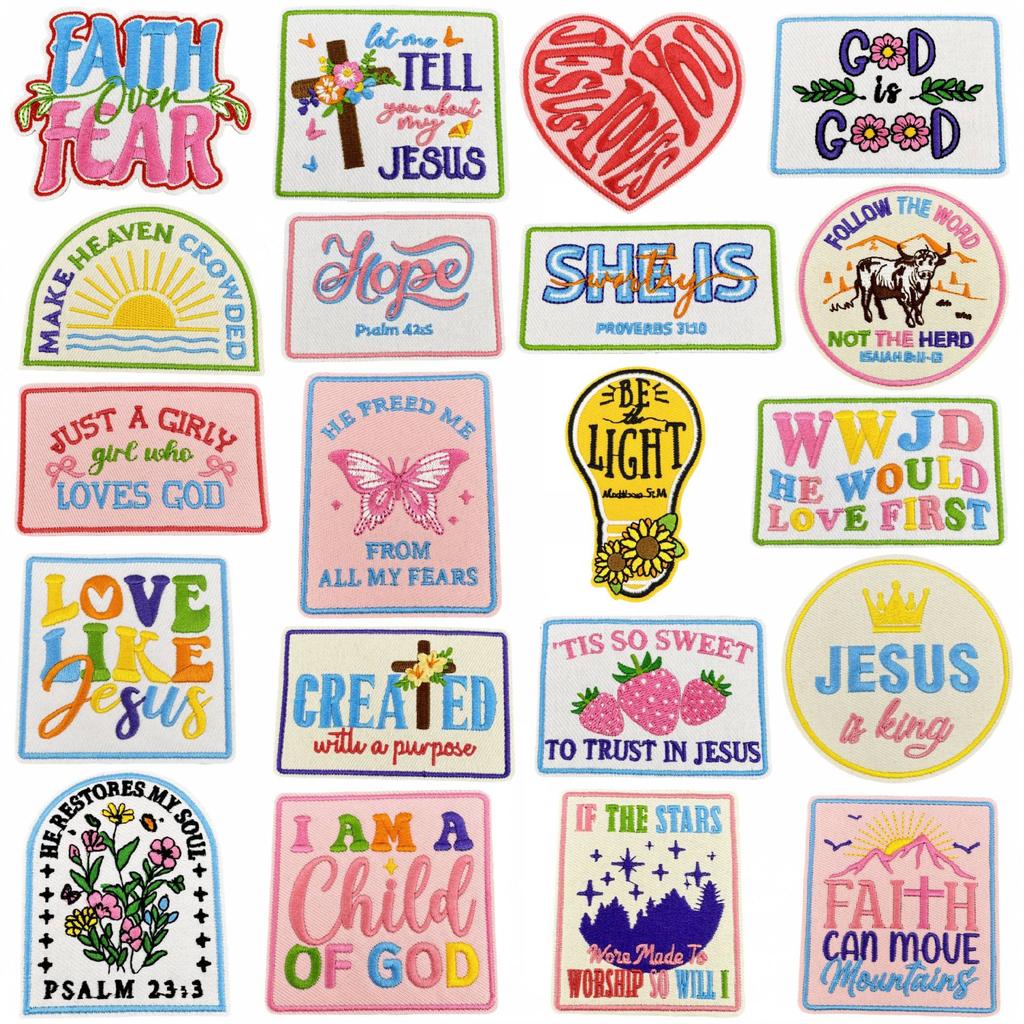 10pcs Embroidery Faith Text Patches Iron On God Jesus Emblem DIY Clothing Stripe Appliques Sewing Wappen Wholesale Cheap