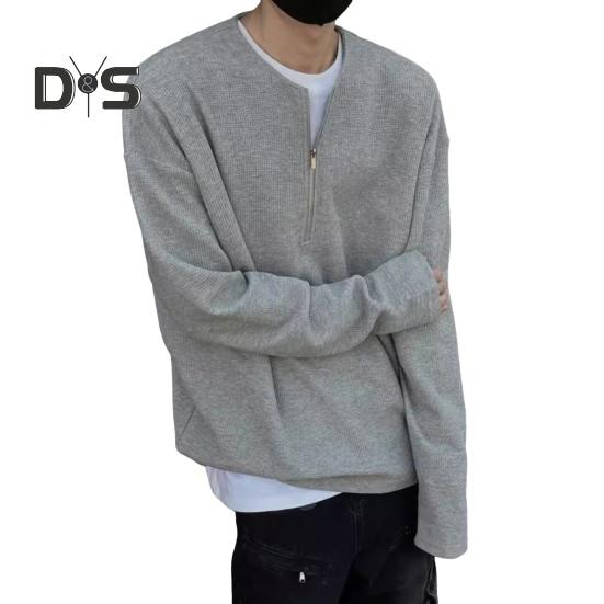 

Мужской осенне-весенний топ с круглым вырезом, свободный, однотонный, с вафельной текстурой, с застежкой-молнией на половину длины, повседневная спортивная, школьная, рабочая толстовка M светло-серый