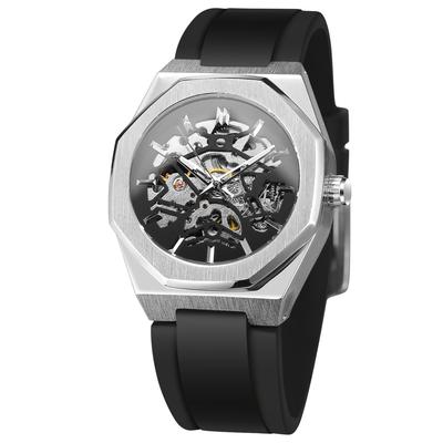 Luxury Brand Forsining Brand Octagon Stainless Steel Skeleton Mechanical Man Watch Automatic Movement Clockwork Silicone Strap
