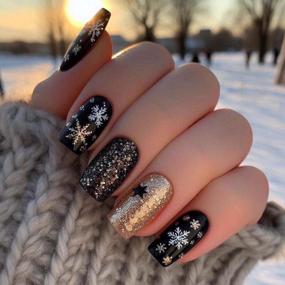 Dark Glitter Snowflake Nail Art Stickers: Removable and Wearable Nail Tips