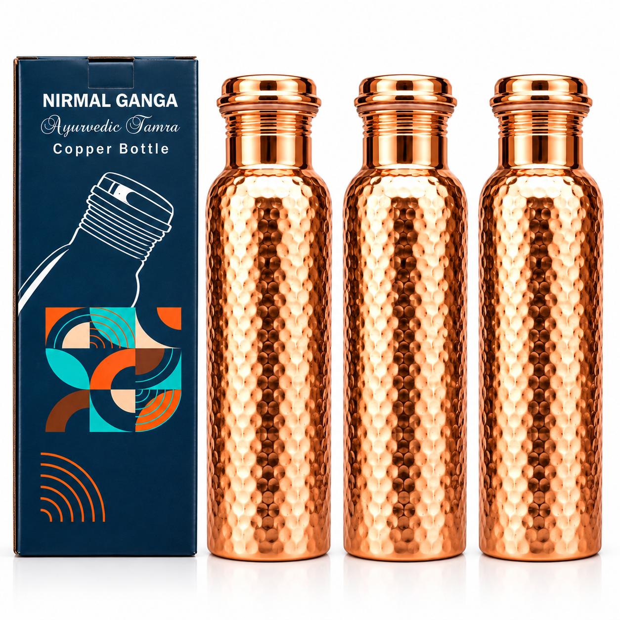Nirmal Ganga Gehämmertes Kupferflasche 1L (3er-Pack) | Reine Kupfer-Wasserflasche | Handgefertigtes, auslaufsicheres Design blue