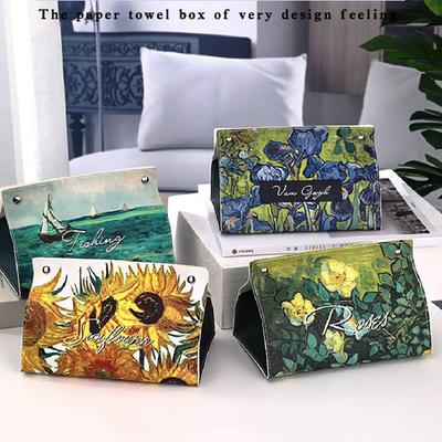 Pu Leather Tissue Box Container Van Gogh Oil Painting Pattern Napkin Tissue Holder Papers Bag Cosmetic Case Pouch Organizer