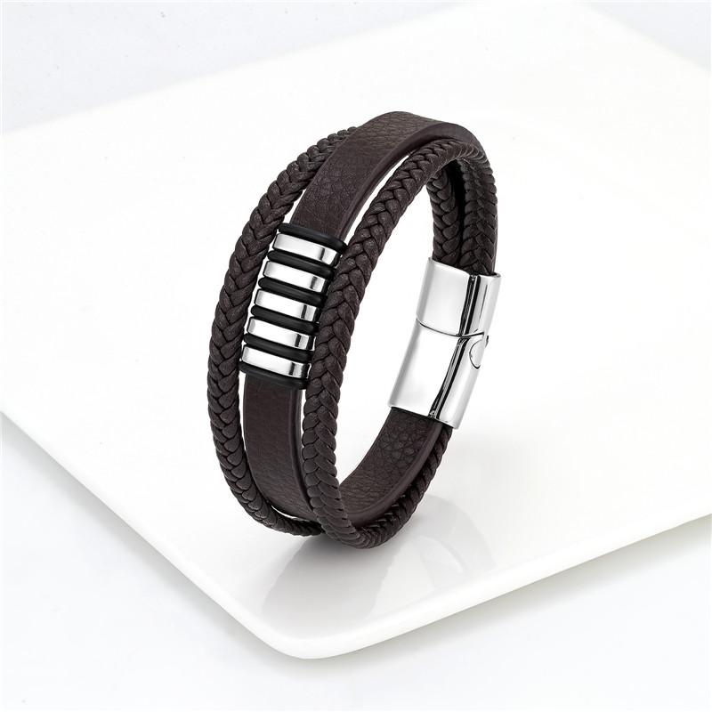 European And American Popular Stainless Steel Leather Bracelet Men's Multilayer Woven Leather Bracelet