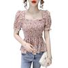 Japanese Style Floral Square Neck Chiffon Pullover Top for Women