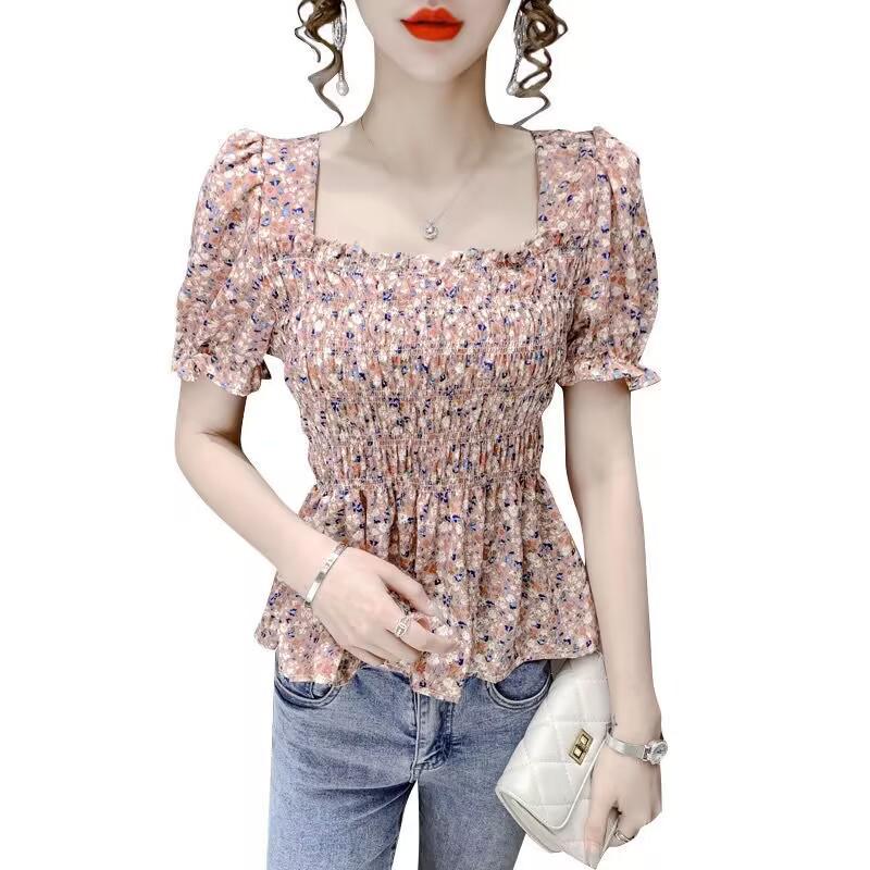 Japanese Style Floral Square Neck Chiffon Pullover Top for Women