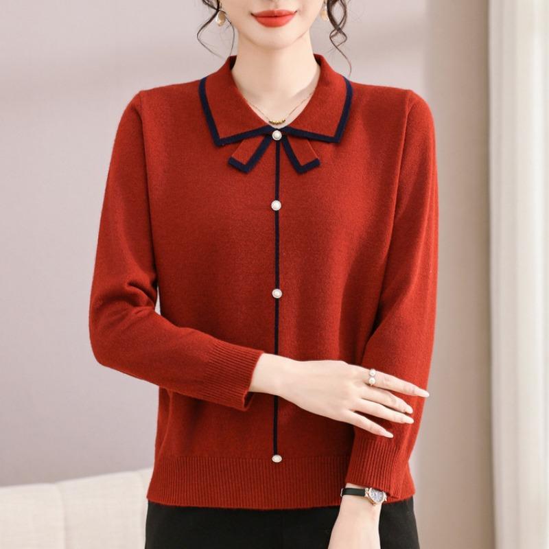 Mom's autumn shirt new early autumn lapel sweater spring and autumn long-sleeved knitted bottoming shirt women's top