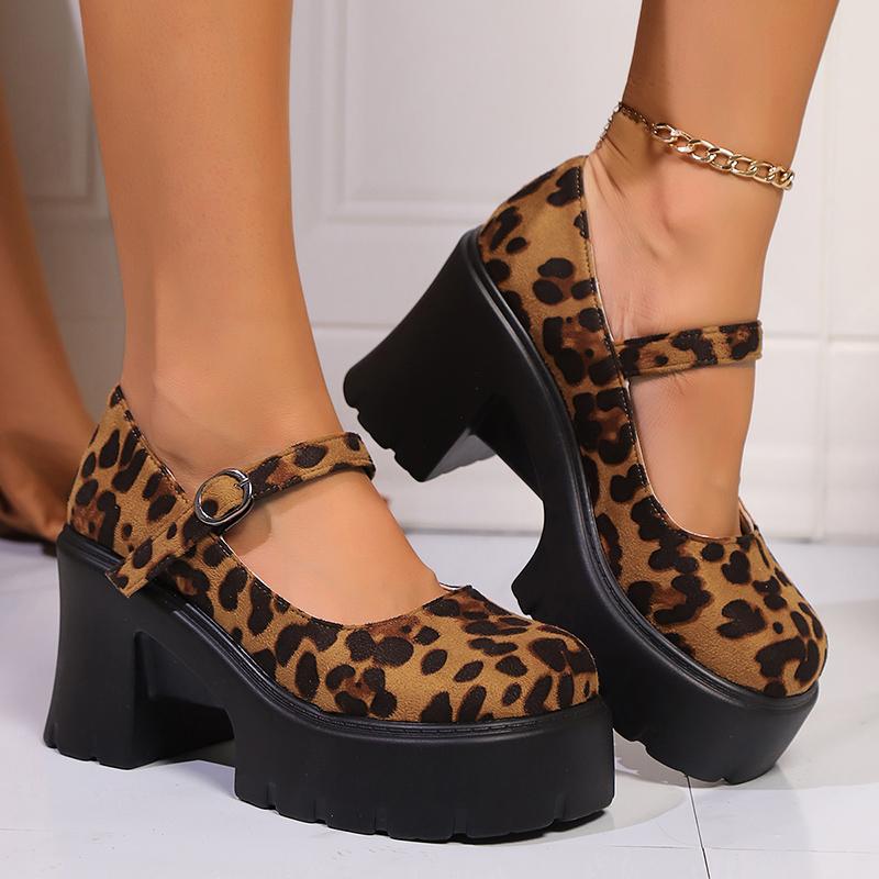 Leopard Print Platform Pumps Women Fahsion Buckle High Heels Mary Janes Woman Round Toe Chunky Heels Party Shoes Plus Size 42