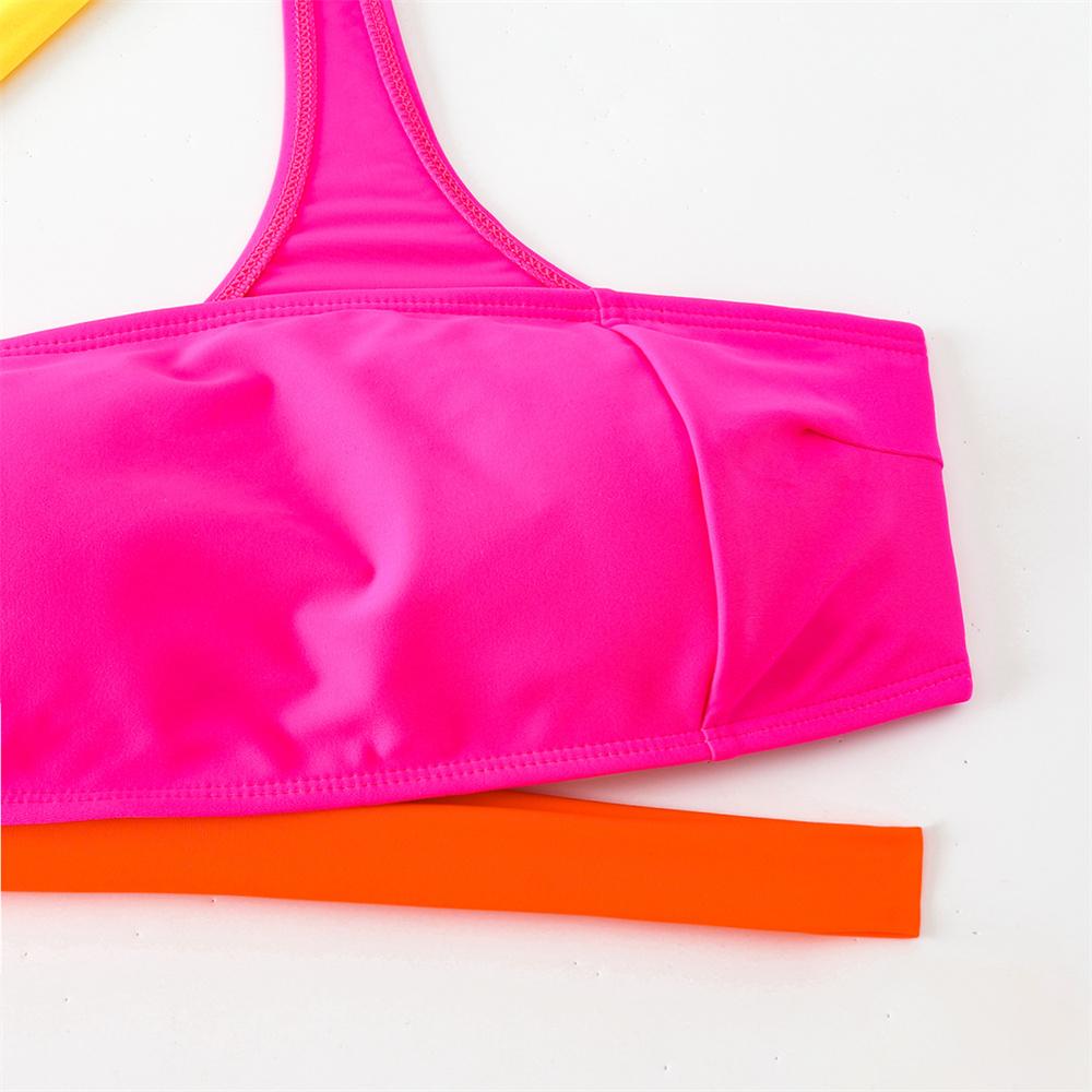Color Blocked Bikini One Shoulder Bandage Hollow Out Swimsuit Bandeau Swimwears Women 2 Piece Beach Vacation Outfit Bathing Suit