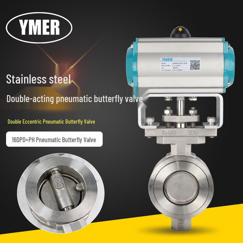 YMER Double Eccentric Pneumatic Butterfly Valve, 304 Stainless Steel, Double Acting Actuator, DN50, High Temp & Wear Resistant.