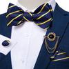 Bowtie Set for Men Blue Striped Self-tied Bowtie with Tassel Brooch Pin Tie Hanky Cufflinks Dibangu