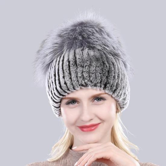 New Outdoor Good Elastic Natural Rex Rabbit Fur Hat Women Winter Knitted Real Sliver Fox Fur Cap Lady Real Fur Hats
