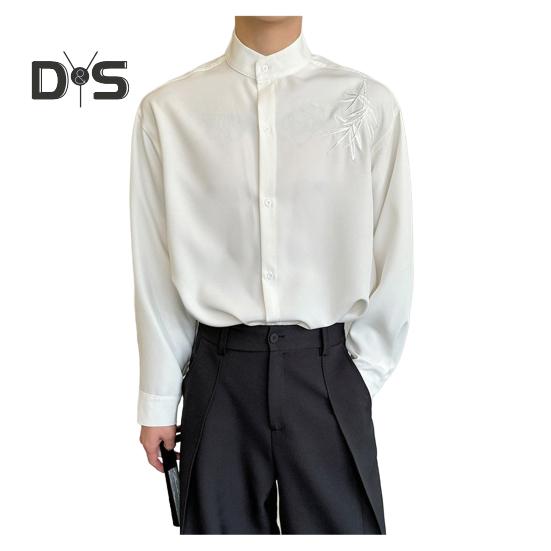 

Мужская рубашка весна-осень с воротником-стойкой, облегающая, эластичная, с вышивкой в виде листьев бамбука, однобортная, с длинными рукавами, однотонная, средней длины, официальная, деловая M белый