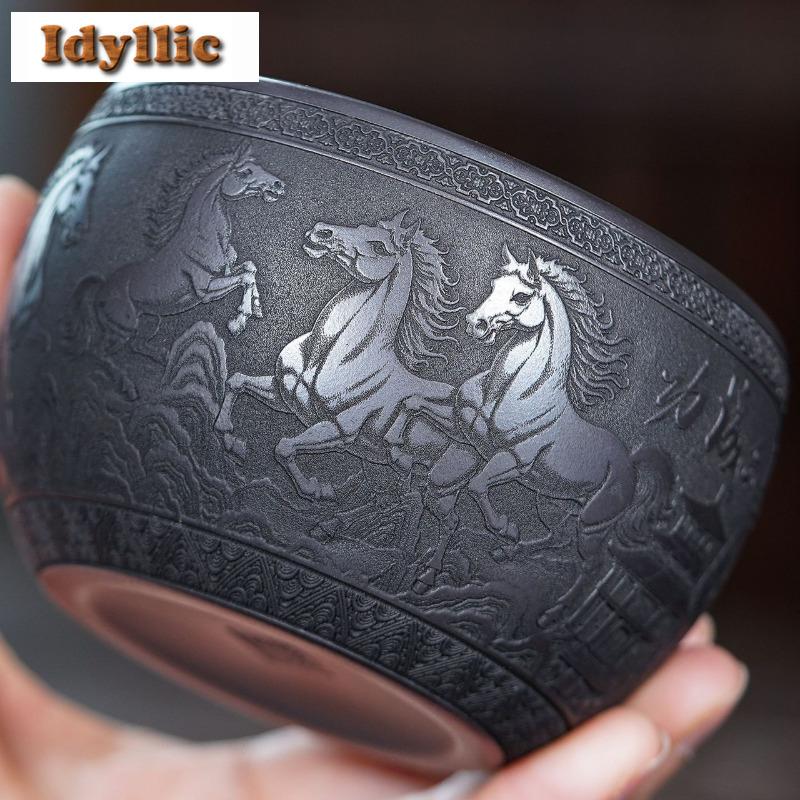 215ml Yixing Zisha Relief Horse Teacup Japanese Tea Bowl Cup For Tea Tea-tasting Fragrance Cup Chazhan Master Cups Drinkware