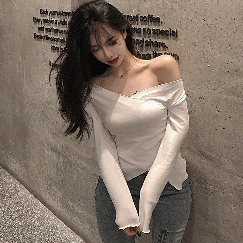Korean Style Long Sleeve Solid Color T Shirts Women Sexy V-neck Split Womens Fashion Casual Top Tee Shirt
