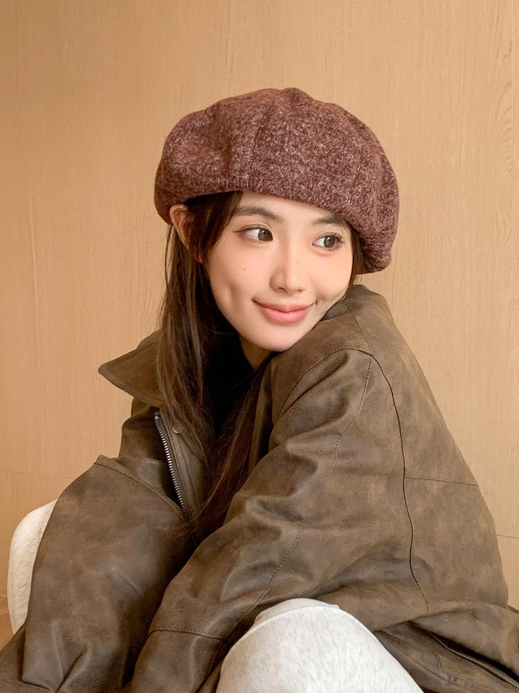 Thickened octagonal hat autumn beret women's winter round face shows small autumn and winter retro newsboy hat tide
