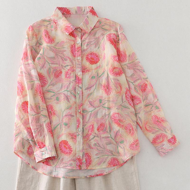 Women's Pink Crushed Print Cotton and Linen Long-sleeved Shirt Fall French Literary Loose Temperament Casual Blouse