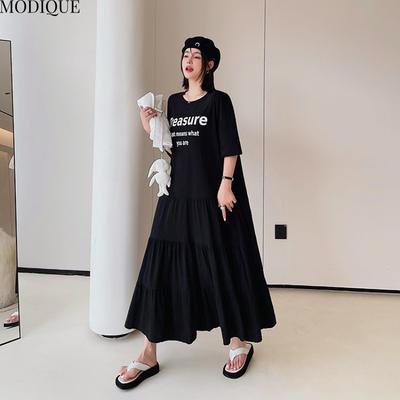 MODIQUE Summer Plus Size New Women Loose Solid Color T-Shirt Cake Skirt Patchwork Long Dresses Female Casual Short Sleeve O-Neck Dresses