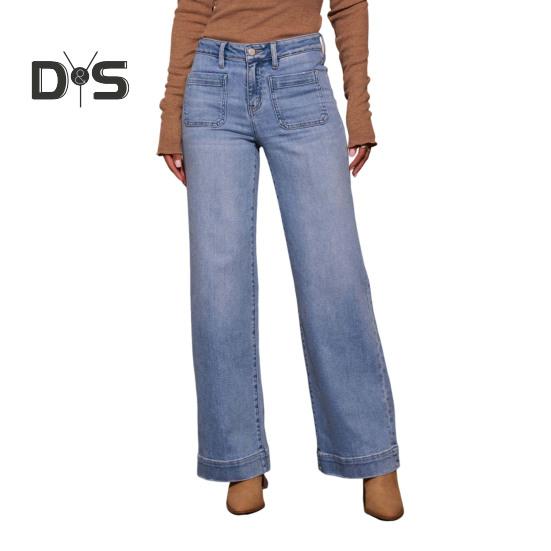 

Женские прямые джинсы с несколькими карманами, застежкой-молнией на пуговицы и высокой талией, однотонные джинсовые брюки в винтажном стиле для повседневной носки, школьные поездки на работу S светло-синий