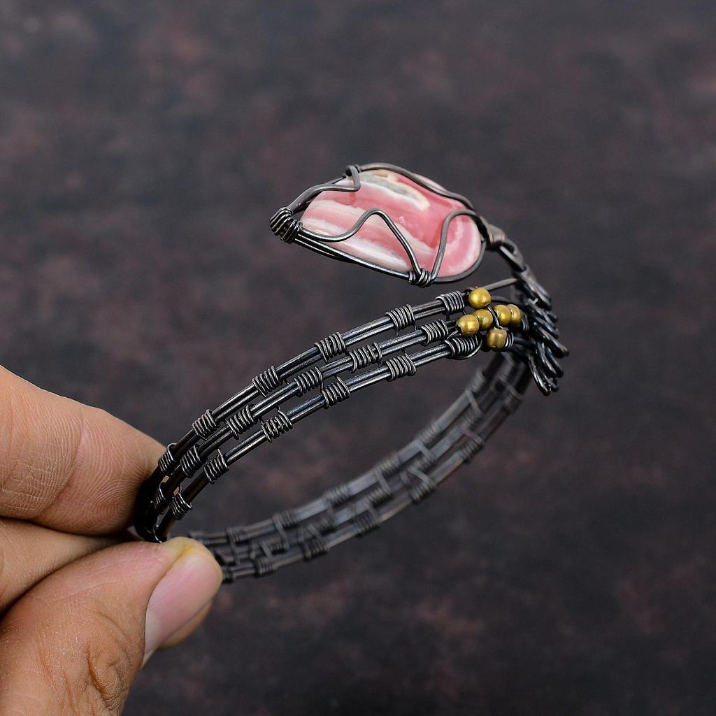 Rhodochrosite Copper Bangle Wire Wrapped Cuff Bracelet Adjustable Bangle Handmade Jewelry Gemstone Bangle Copper Wire Wrap Jewelry For Gift