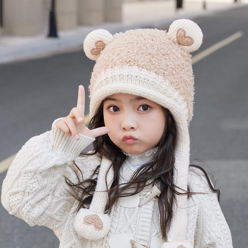 Kids Knit Hat With Heart Ears For Winter Warmth And Wind Resistance