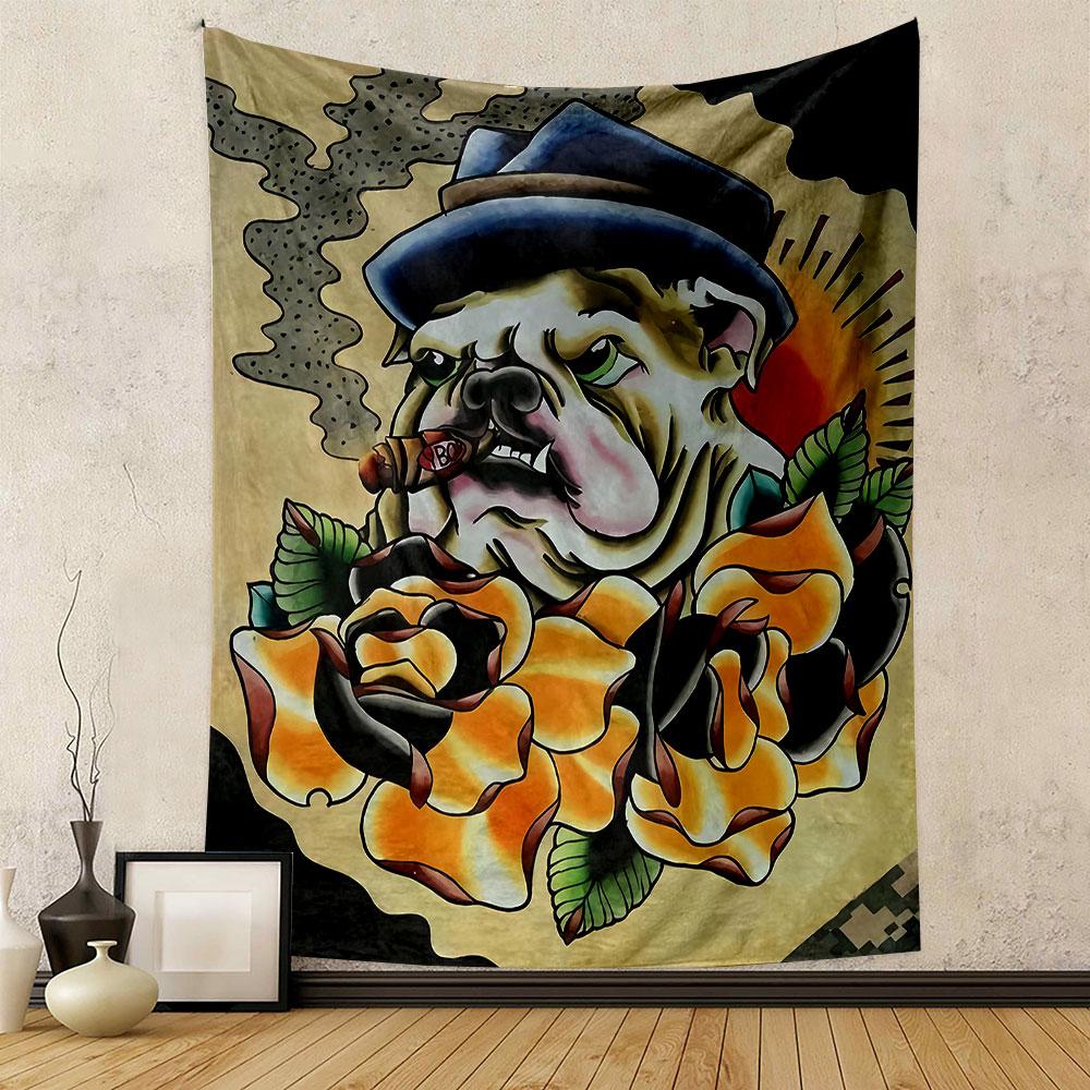 Bulldog with Hat and Roses Design Patterned Tapestry Home Decor, Suitable for Bedroom and Living Room, Gift