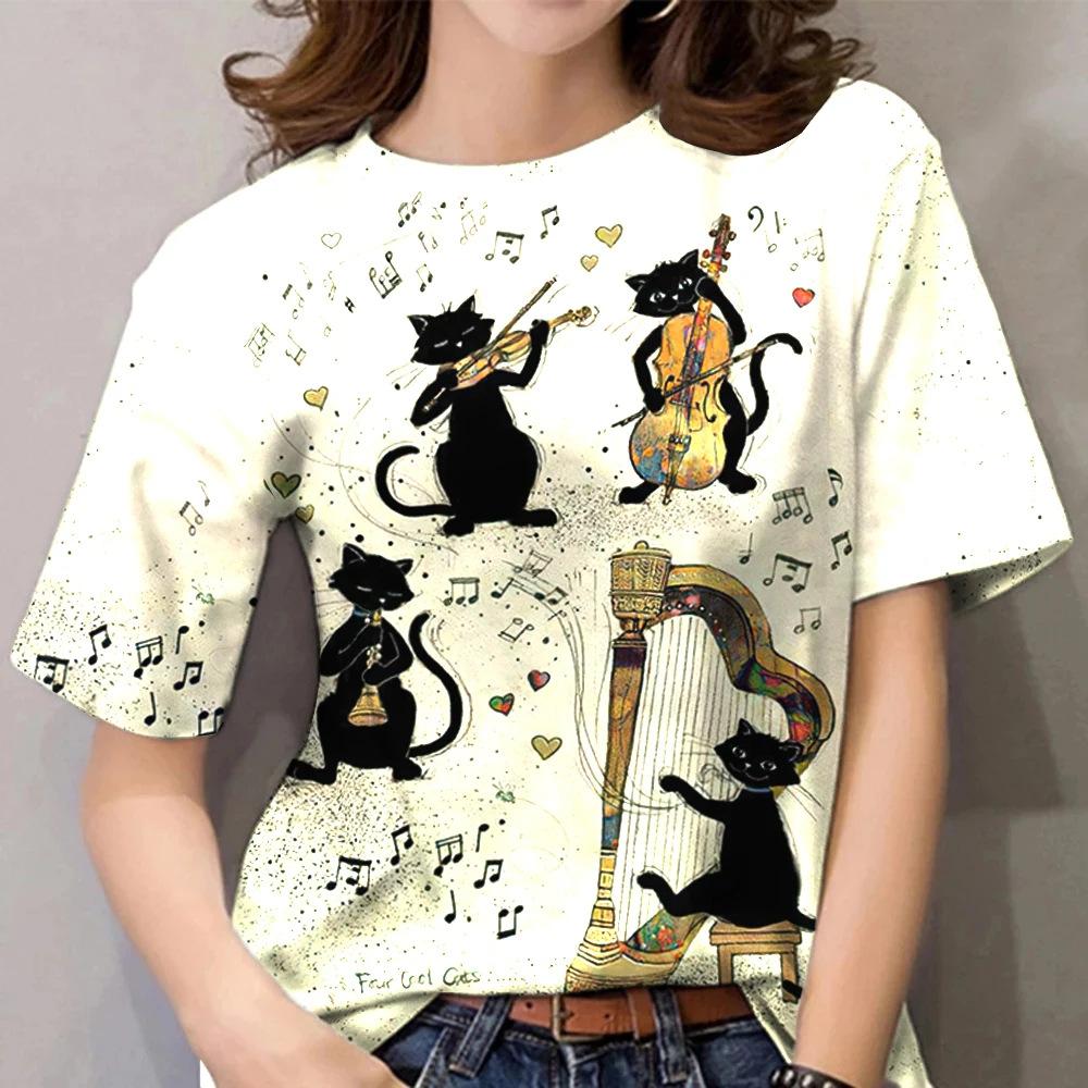 Cute Cat Sketch 3D Printed Women's Harajuku Round Neck Short Sleeved T-shirt