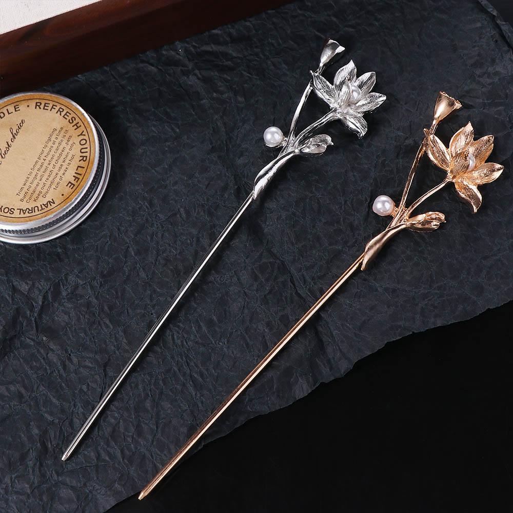 Flower Lotus Pearl Ancient Style Hairpin Chinese Style Headwear Metal Hairpin Hanfu Hair Sticks