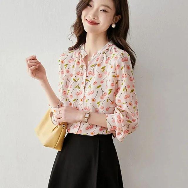 

Женская блузка с длинными рукавами и принтом, весенне-осенняя модная свободная шифоновая рубашка, топ со стоячим воротником, Blusas Camiseta Mujer M розовый