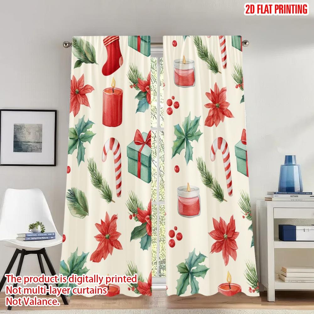 

Set Of 2 Flat Printing Merry Christmas Party Curtains Poinsettia Holly Stocking Candy Digital Printed Polyester Drapes Curtain Made W100*H70(CM)-Rod Pocket&2PCS