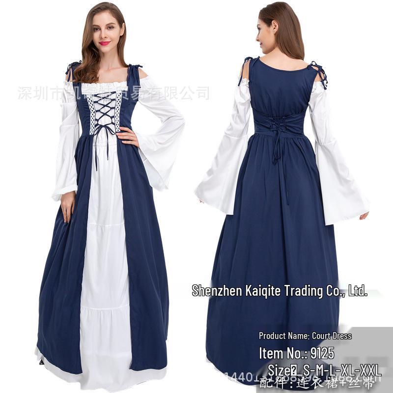 European and American Vintage Medieval Renaissance Square Neck Lace-Up Corset Halloween Costume Dress