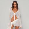 Women's Relaxed Fit Two Piece Skirt Set Long Sleeve Tie Front Mesh Crop Top Wrap Mini Skirt Sexy Streetwear Summer Beach Matching Outfit 2026 New