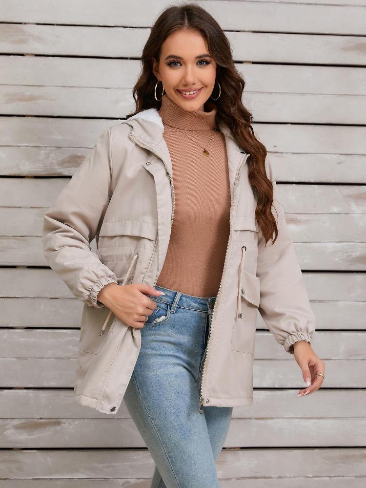 

Women Windproof Winter Coat Hooded Parka Jacket Fleece Lined Warm Zipper Up Long Sleeve Casual Windbreaker with Pockets XL