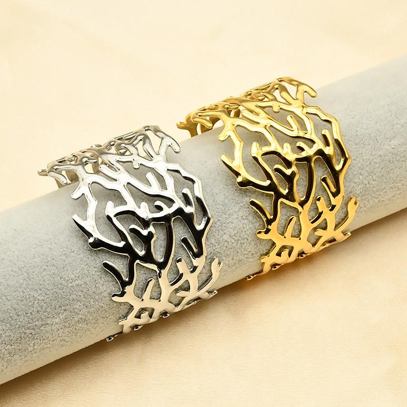 Stainless Steel C-Shape Open Bangle With Hollow Leaf Womens Bold Statement Bracelet