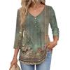 Women 3/4 Sleeve V Neck Button Detail Floral Print Tunic Top Casual Lightweight Blouse for Everyday Wear