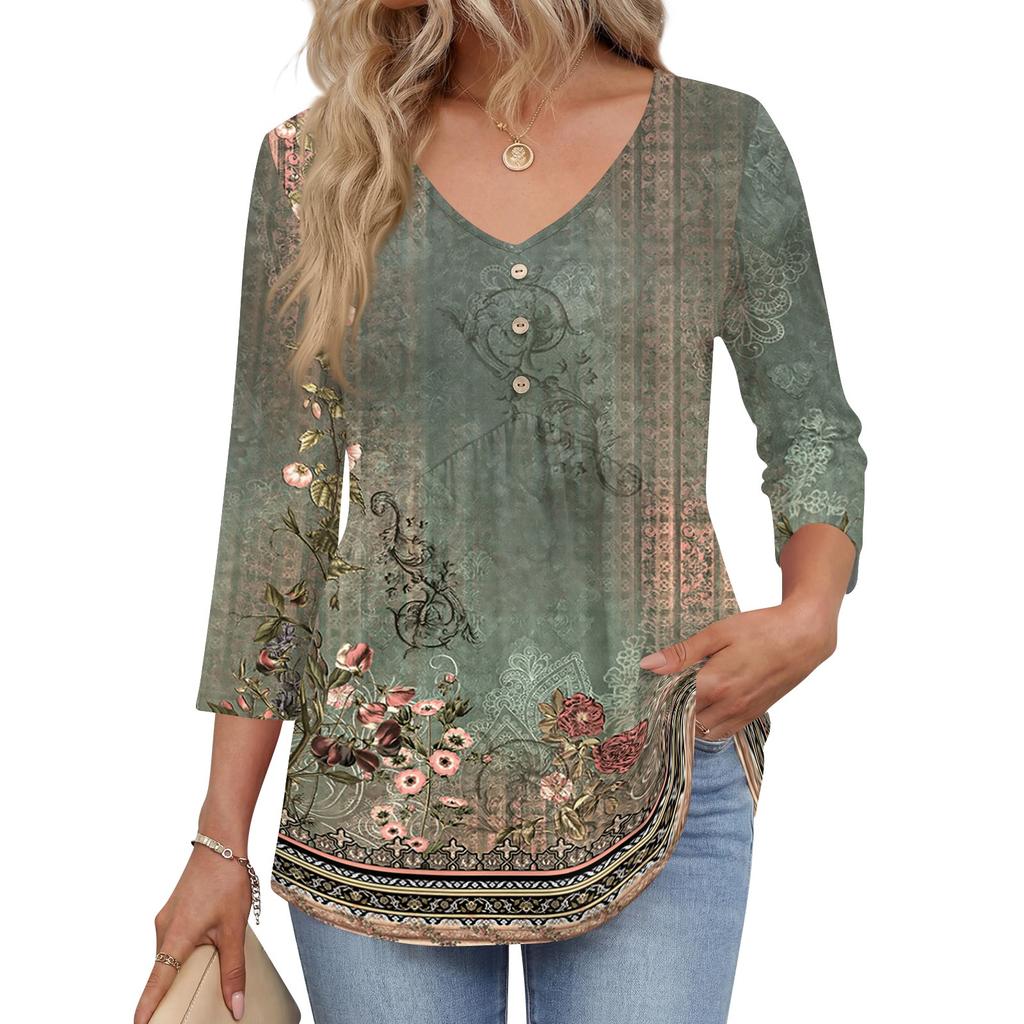 Women 3/4 Sleeve V Neck Button Detail Floral Print Tunic Top Casual Lightweight Blouse for Everyday Wear