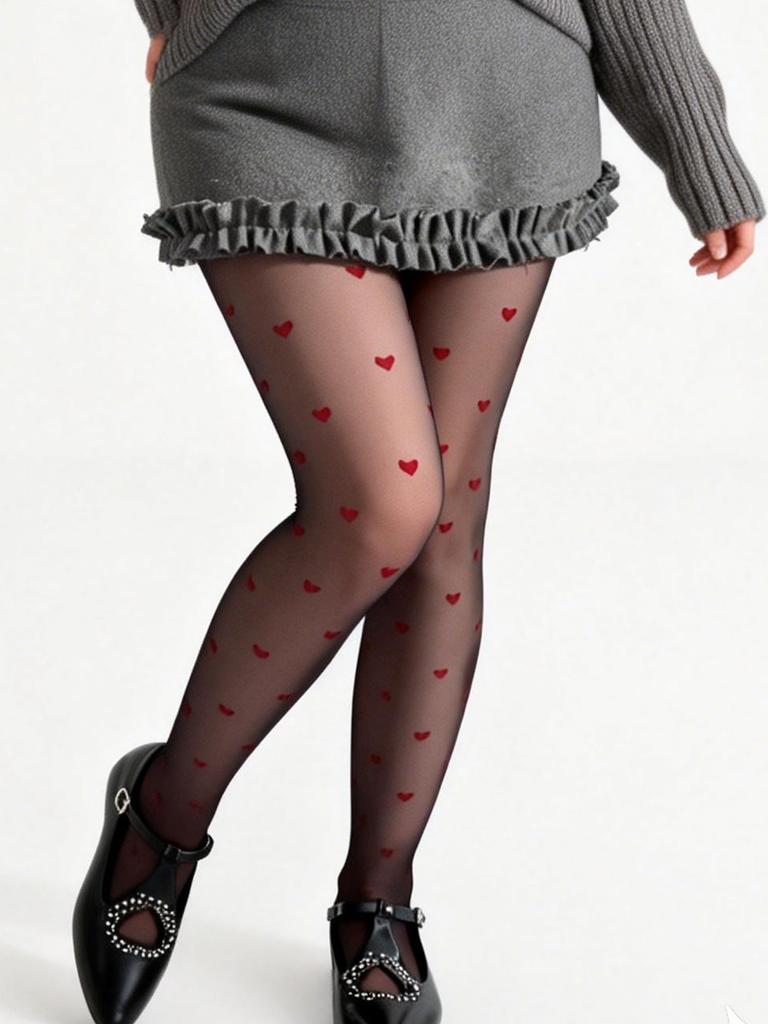 Women'S Black Sheer Pantyhose With Red Heart Print, Ultra-Thin Sexy Skin-Friendly Hosiery For Party & Valentine'S Day Date |