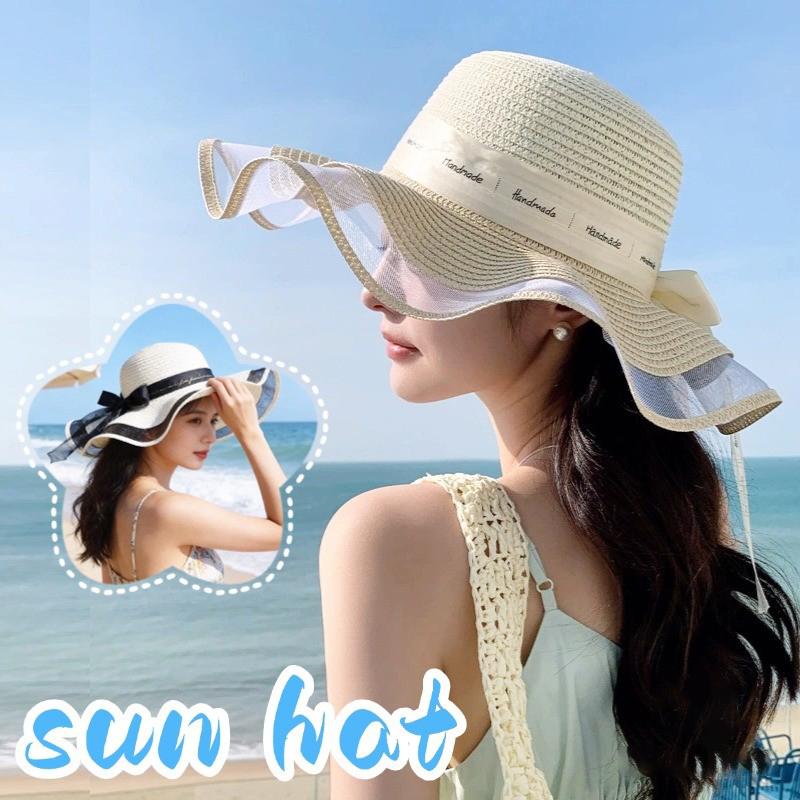 Fashion Flat-Topped Straw Hats Girls Wide Brim Sun Hat Outdoor Lace Bow Strap Lightweight Uv Protection Beach Cap