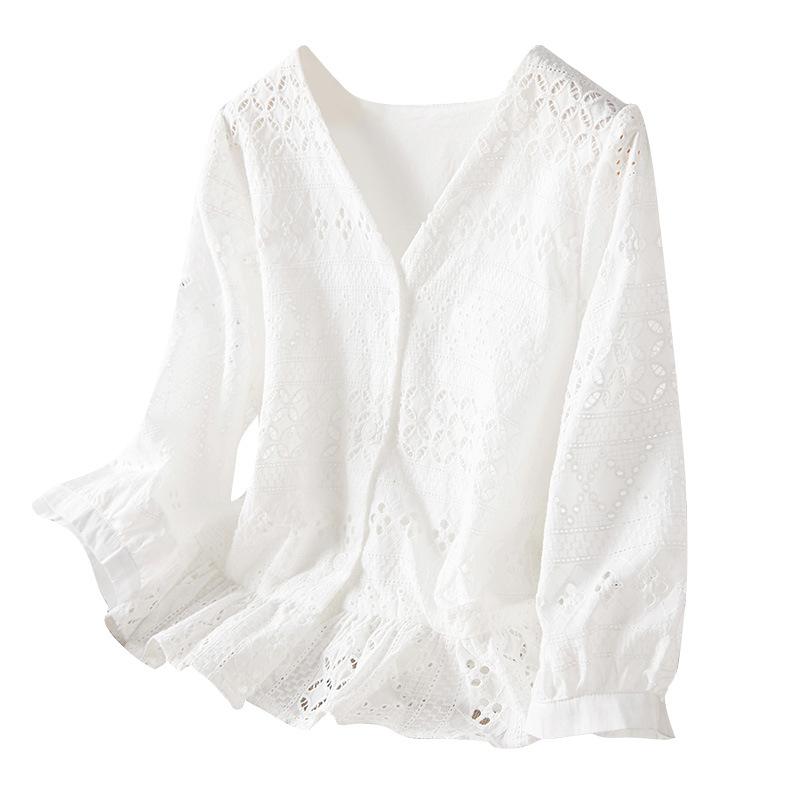 Embroidered Hollow White Shirt Women's Five-quarter Sleeve Summer Small Short Top