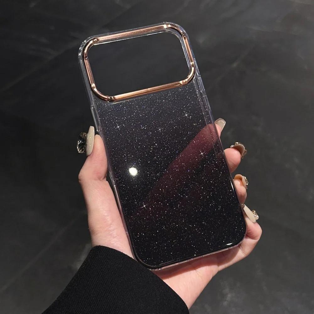 Fashion Gradient Glitter Plating Shockproof Case For iPhone 17Air 16E 15 14 Plus 13 12 11 Pro Max Metal Lens Frame Durable Cover