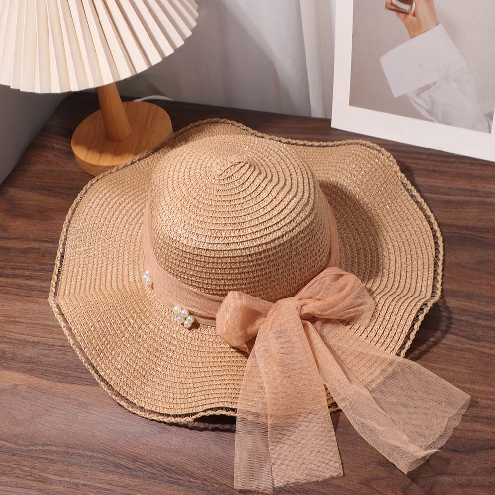 Spring Summer Bow Ribbon Straw Hat French Style Women's Sun Hat Ins Lace Pearls Straw Hat Outdoor