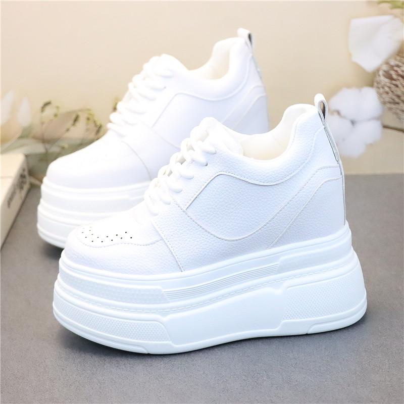 Móda 12CM Pravá kůže Silná podrážka Kotníkové boty Šněrovací Podzim Jaro Skryté podpatky Módní Vulkanizovaná obuv