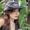 Foldable Summer Ladies Sun Hat Heart Embroidery Wide Brim Fisherman Hat Windproof with Drawstring Western Cowboy Hat