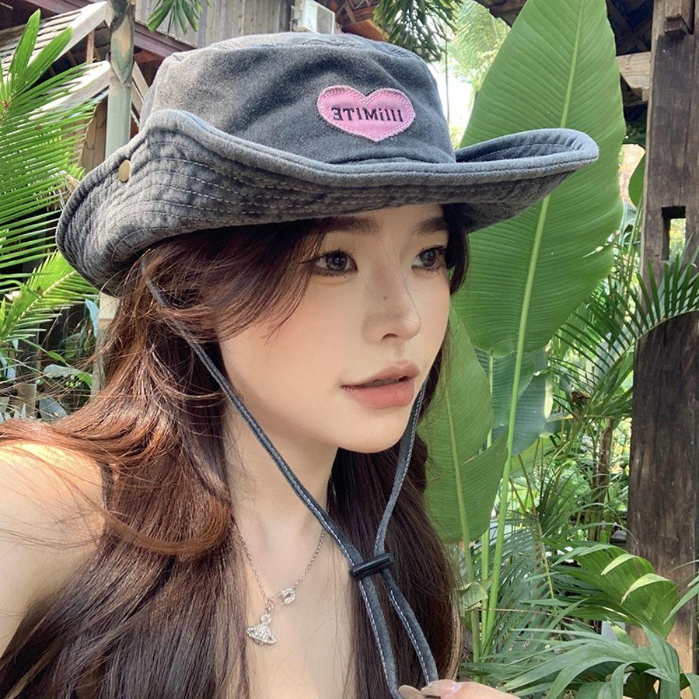 Foldable Summer Ladies Sun Hat Heart Embroidery Wide Brim Fisherman Hat Windproof with Drawstring Western Cowboy Hat