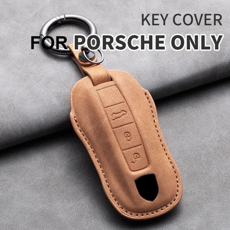 Leather Car Key Case Cover Shell Fob For Porsche Panamera Spyder Carrera Macan Cayman Cayenne 911 970 981 991 Car Keychains