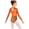 Kids Girls Dance Competition Bodysuit Printed Mesh Long Sleeve Leotard Jumpsuit with Press Button Crotch for Gymnastics Stage