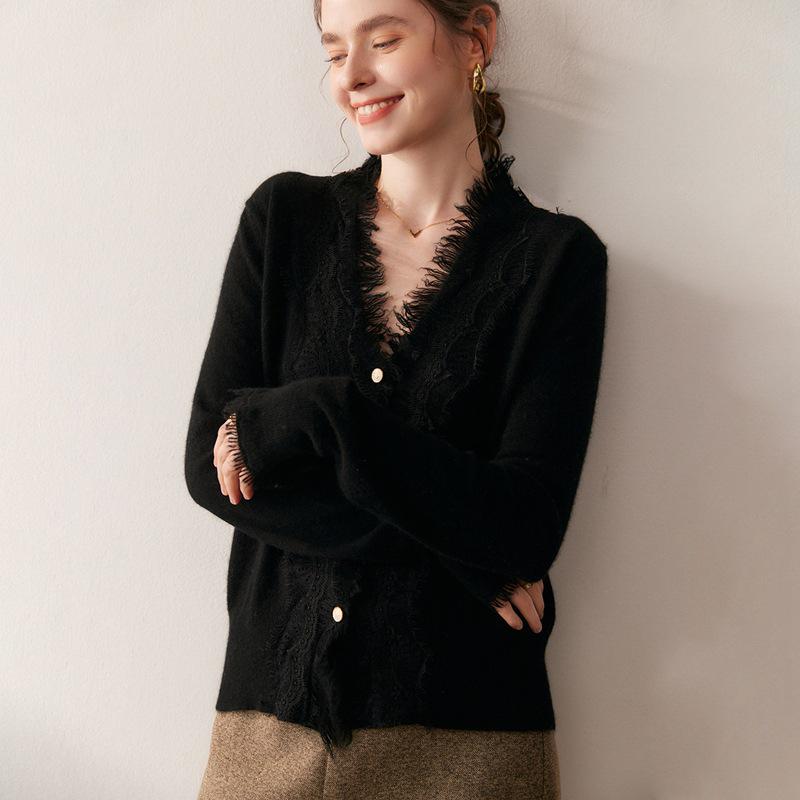 2025 Herbst/Winter Damen V-Ausschnitt Kaschmir Spitzen Strickjacke