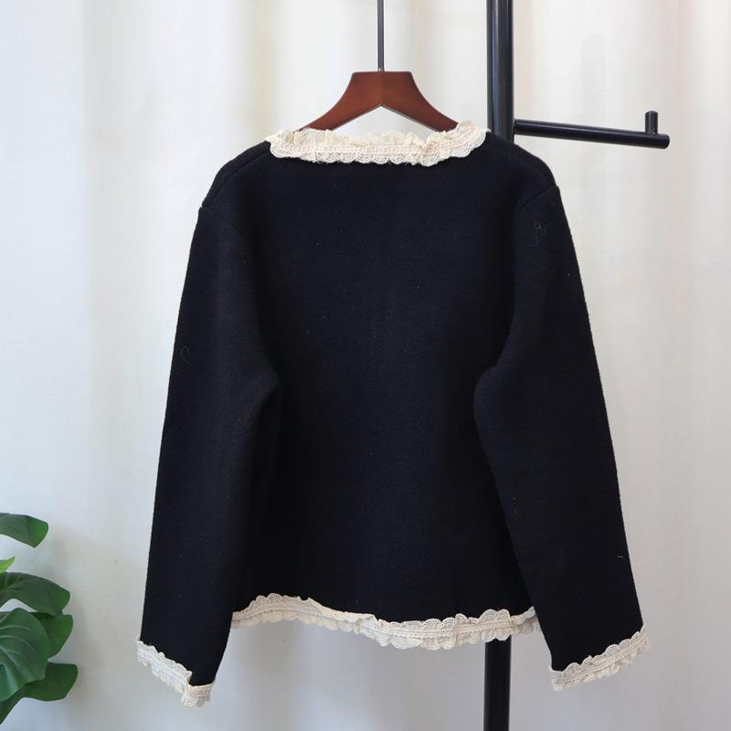 Splicing lace knitted double-sided woolen cardigan autumn and winter new loose temperament sweater jacket women