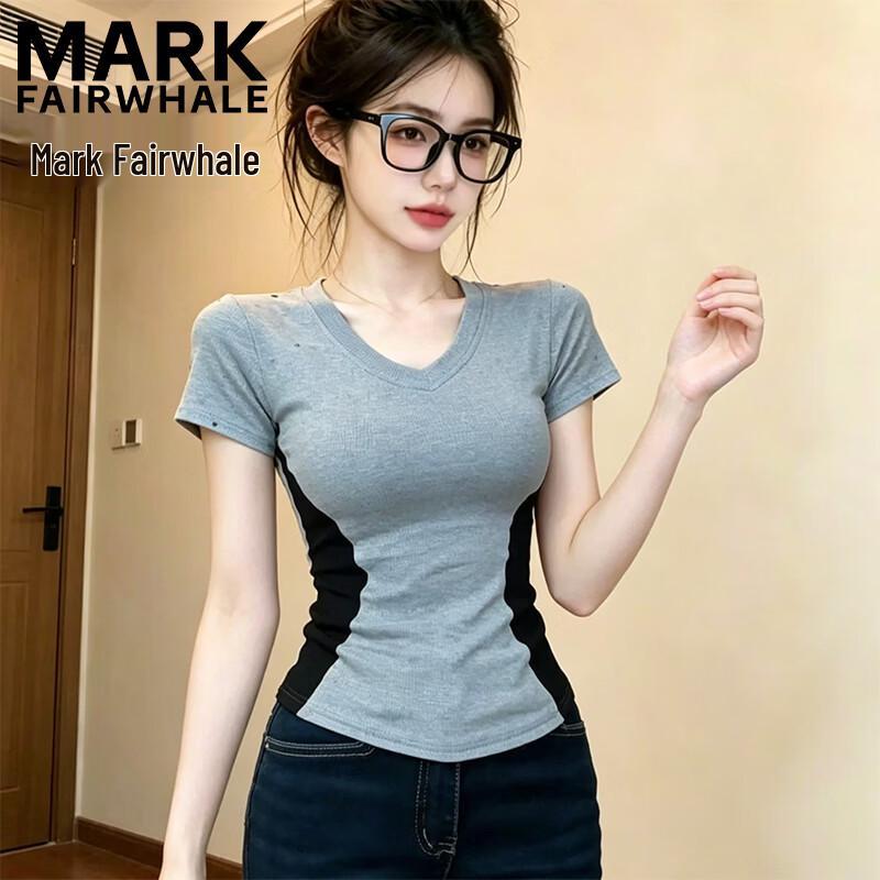 Mark Fairwhale Women's Patchwork V-Neck Slim Fit T-Shirt