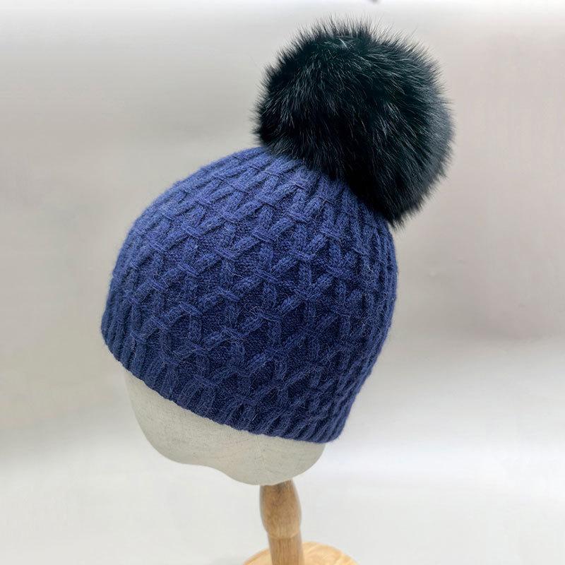 Women'S Winter Knitted Beanie Hat With Soft Rabbit Fur Lining & Fluffy Fox Fur Pompom - Warm Thick Skull Cap  New